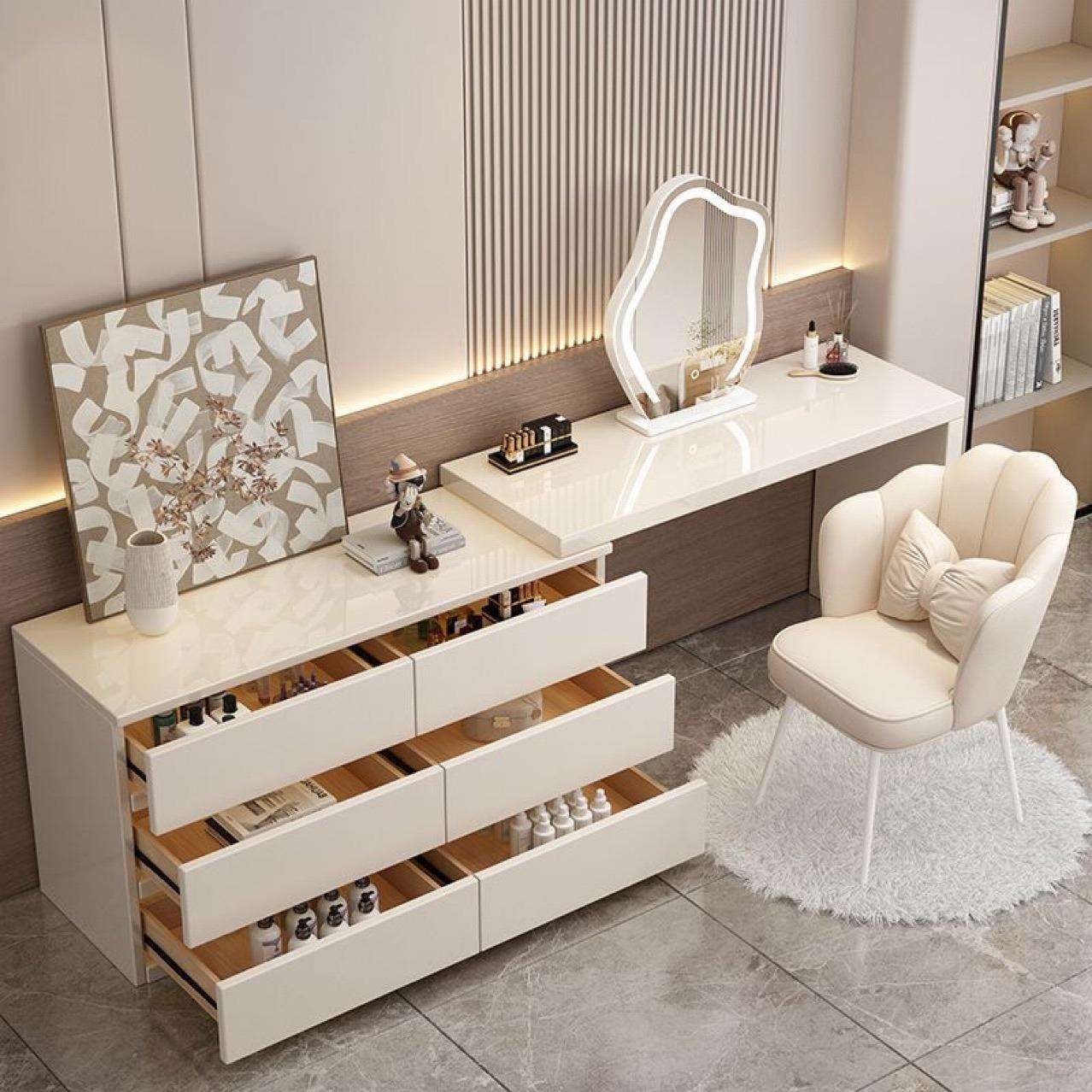 奶奢油风梳妆台实木岩纳板卧室现简约智能化妆SBD桌轻收代一体化