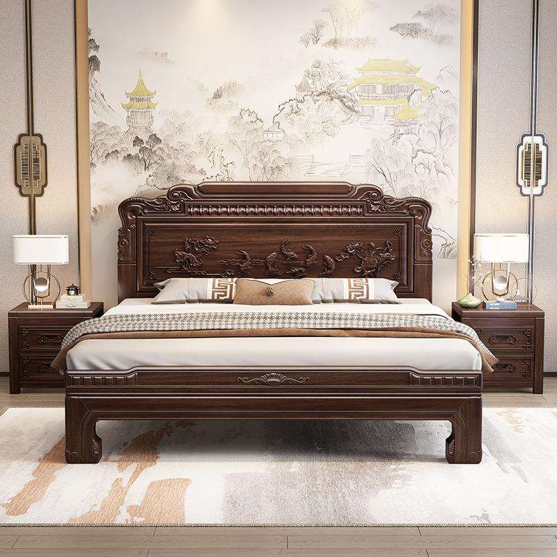 实木床全木实花鸟雕印尼花梨木明清复古新中式主902大床卧储物中