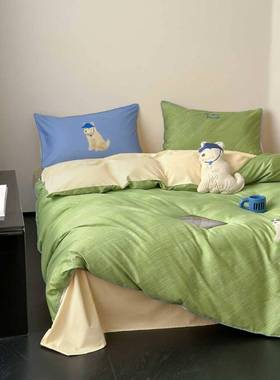 贡小缎全棉贴布绣卡通可爱阳绿色狗被品套MUW床四件套光耶耶四季