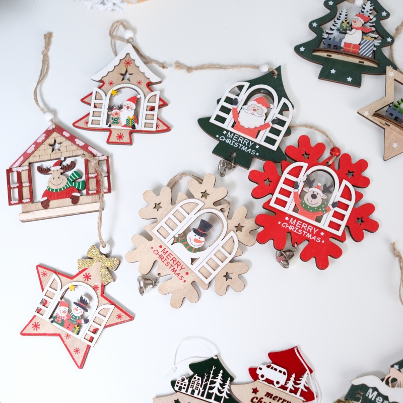 圣诞节多层镂空木质挂件小鹿雪人圣诞树氛围布置装饰品挂件