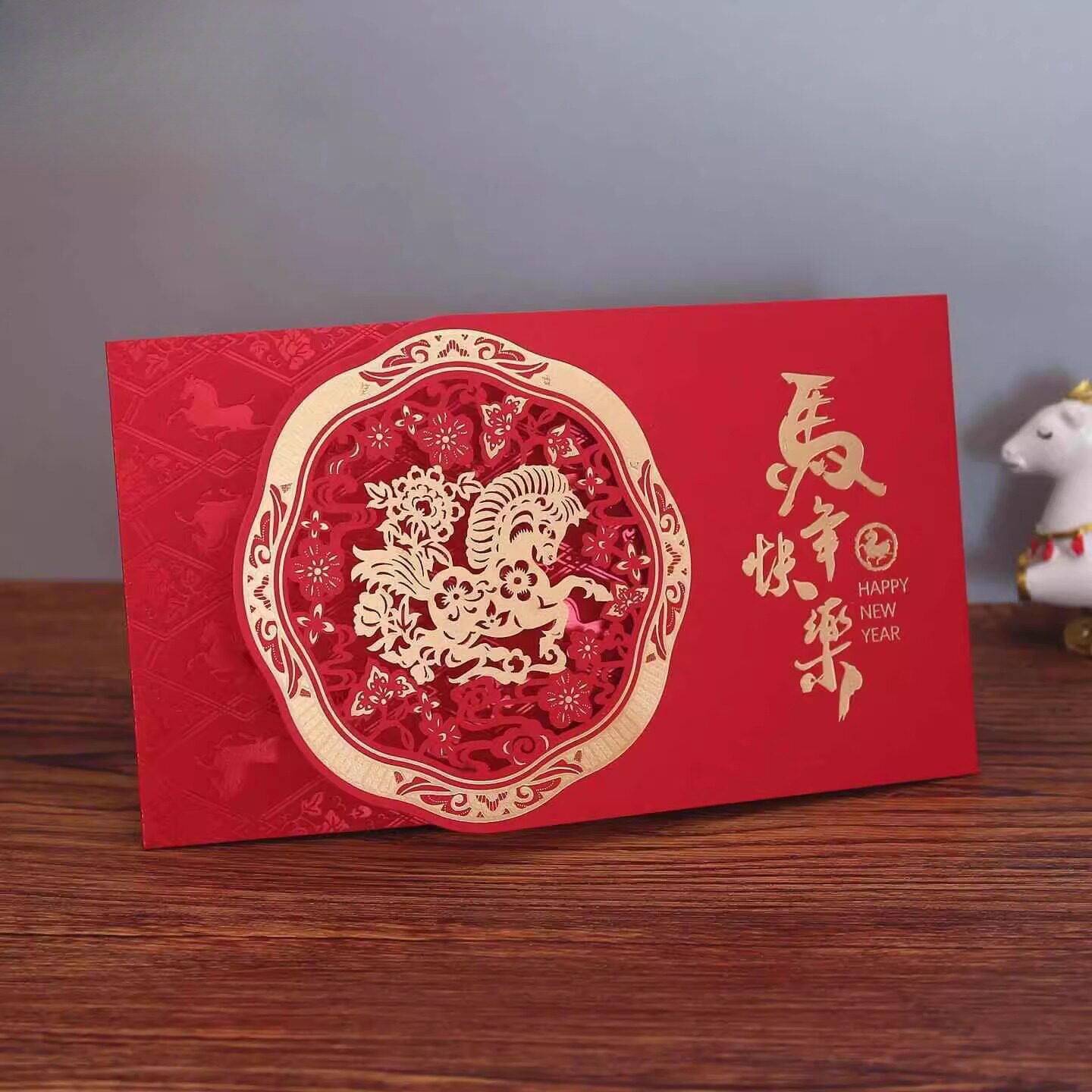 元旦贺卡马年新年贺卡2026春节三折烫金镂花新年祝福感恩企业员工