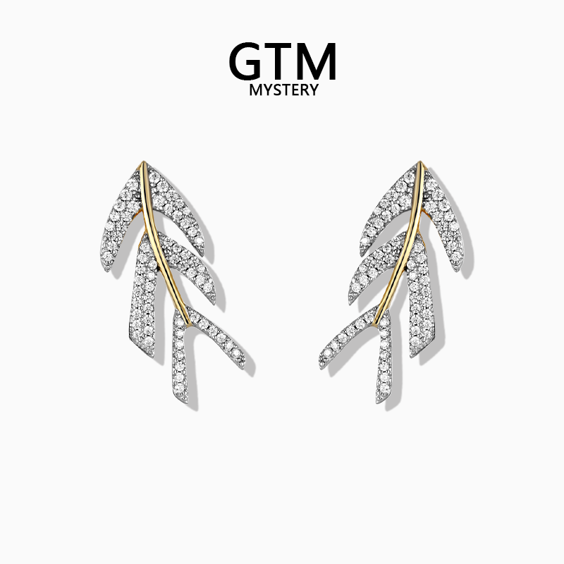 轻奢垂柳银叶耳钉-金色小众女款