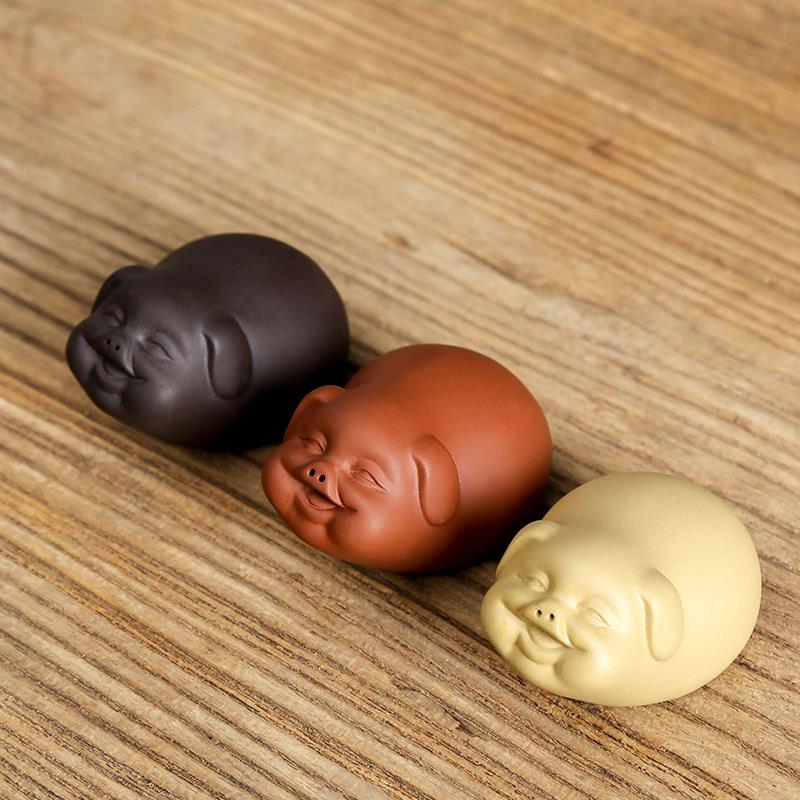 紫砂迷你小猪茶宠摆件精品可养创意陶瓷茶玩茶庞茶具配件茶桌装饰