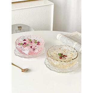 高颜值玻璃玫瑰甜品碗碟套装精致银耳羹燕窝碗带勺糖水酸奶燕麦碗