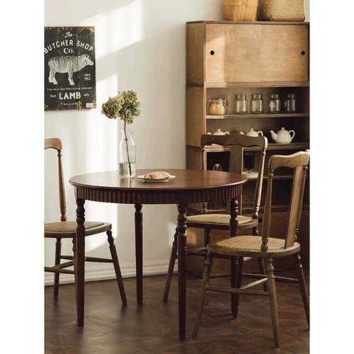 黑色中古餐厅饭桌法式实木复古圆桌小户型家用餐桌胡桃木色圆餐桌