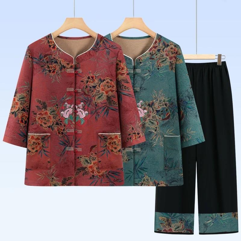 莉萱蔓服饰商行1中老年人夏季奶奶装绣花衣服两件套装宽松洋气纽