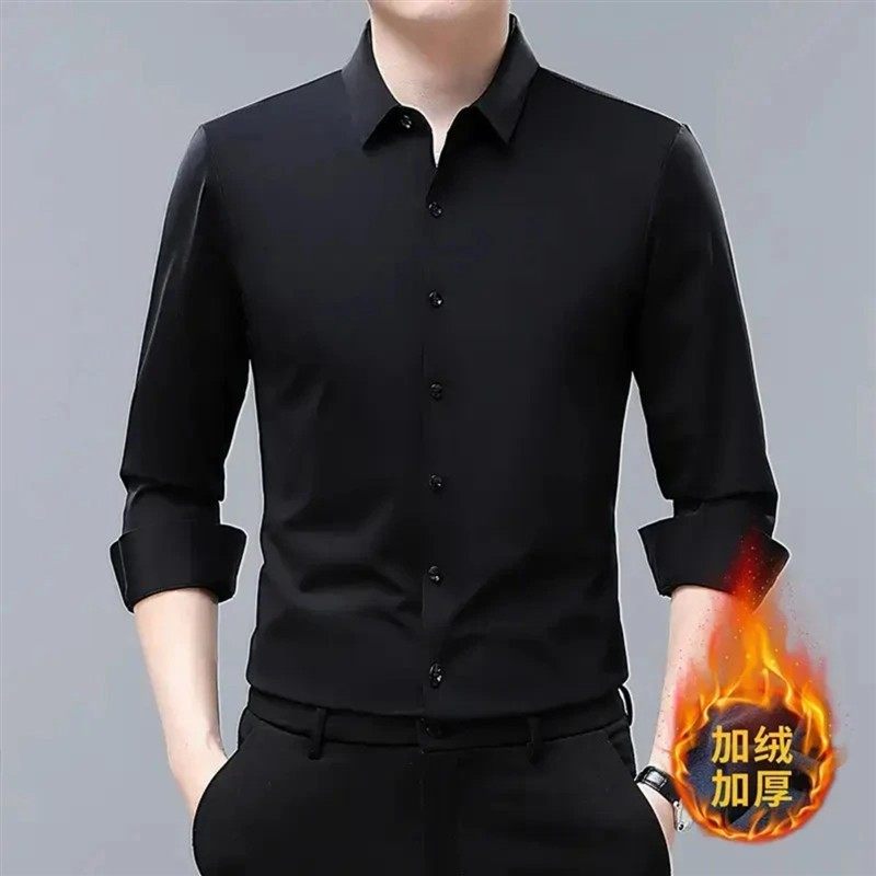 东庄梧秋冬款长袖男士加绒加厚保暖衬衫高档无痕免烫商务休闲衬衣