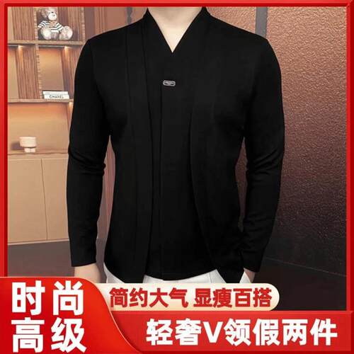 锐森特轻奢男装42026新款轻奢V领假两件上衣高品质假两件黑色卫衣