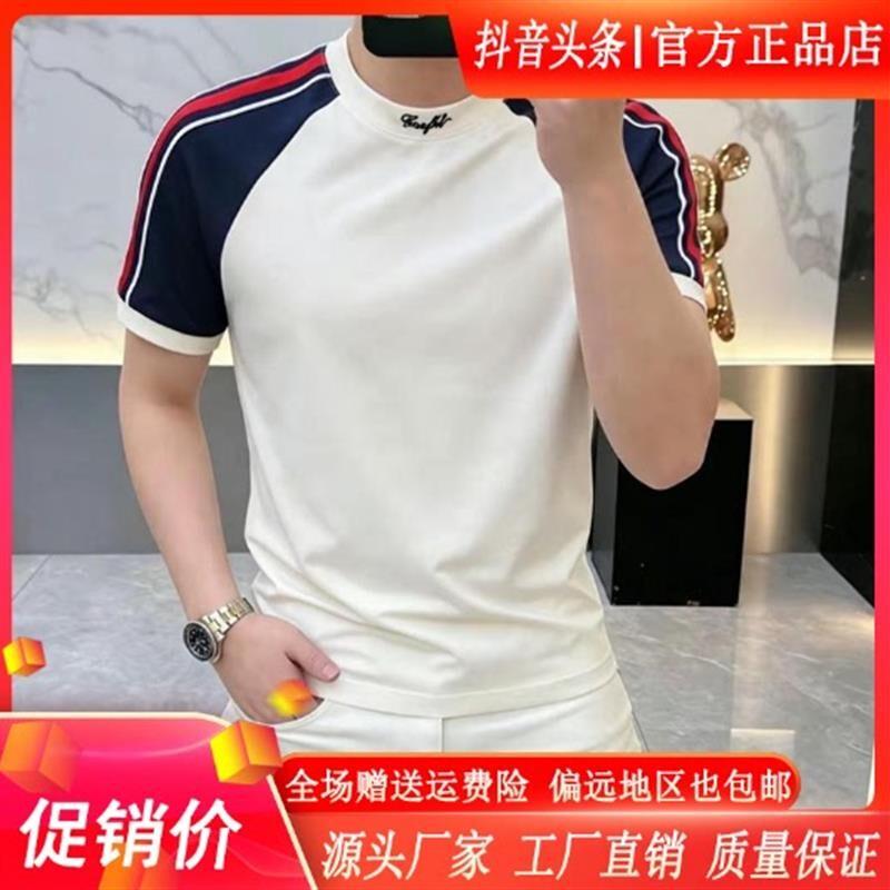 ZJ轻奢服饰正品男士26拼接刺绣圆领短袖T恤潮流百搭休闲体恤男装
