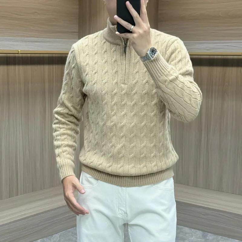 依锦轻奢男装秋冬高尔夫老钱风男士英l伦半拉链重磅毛衣O立领麻花