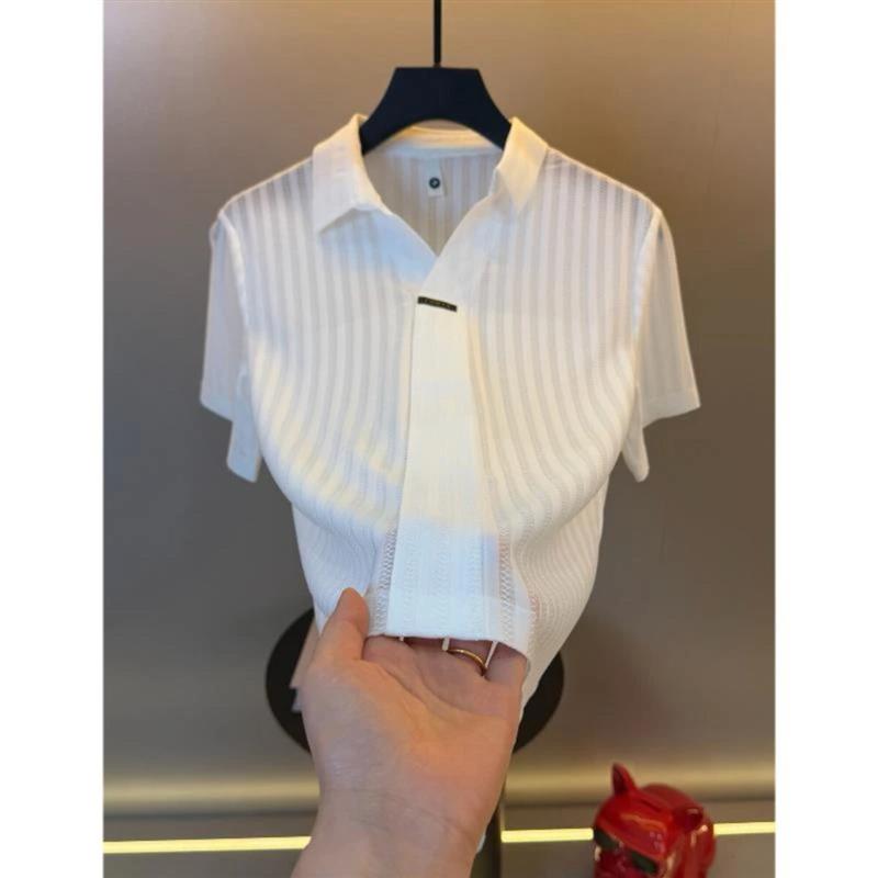 米琪潮流轻奢5冰丝镂空翻领Polo衫短袖男士时尚商务半袖T恤上衣服