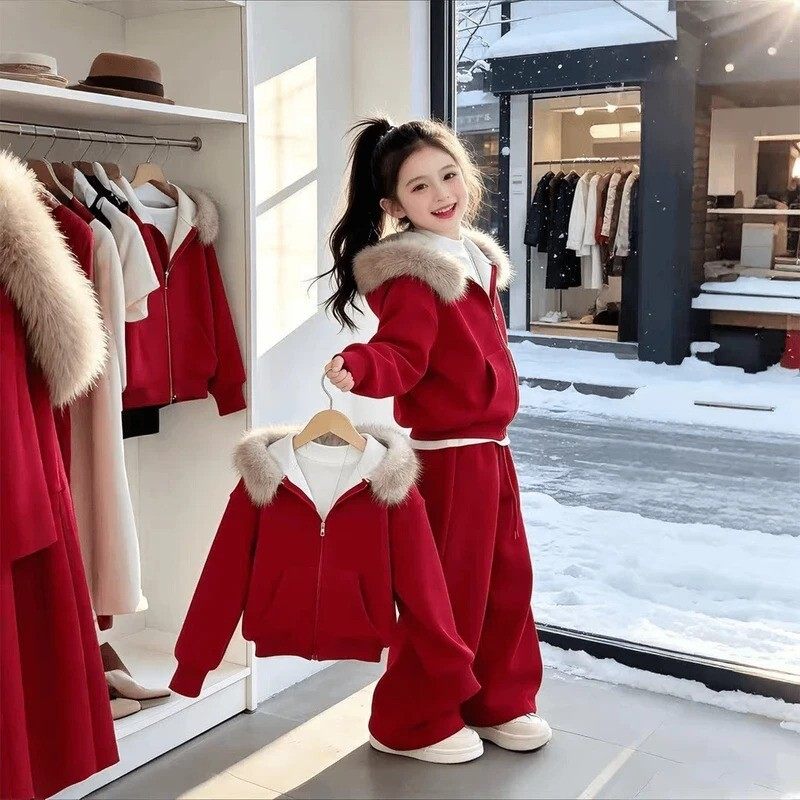 肆零贰童装专营女童加绒套装运动冬儿童年货连帽开衫阔腿裤两件套