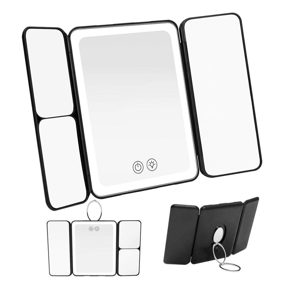 三面镜带灯可伸缩调节三折旅行镜便携led折叠旅行化妆镜子