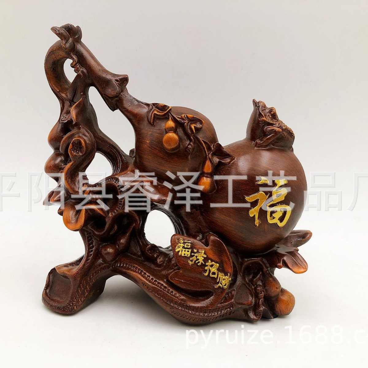 福禄招财葫芦摆件木风水客厅家居办公室玄关葫芦招财金蟾仿红摆件