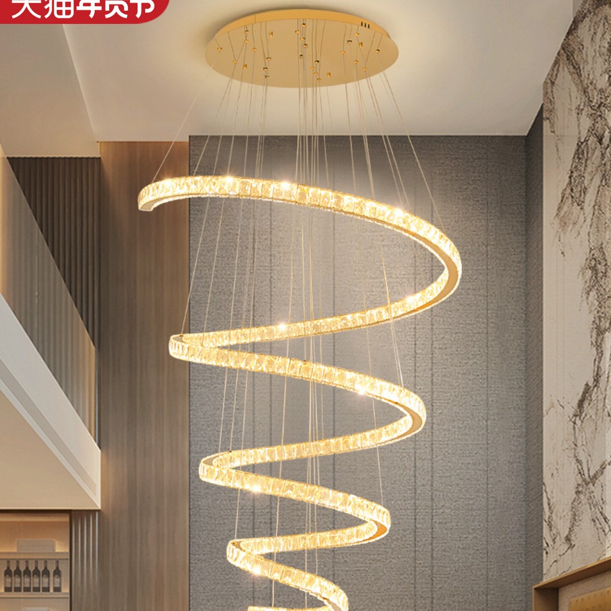 现代复式楼客厅大吊灯轻奢水晶灯镂空跃层loft别墅旋转楼梯长吊灯