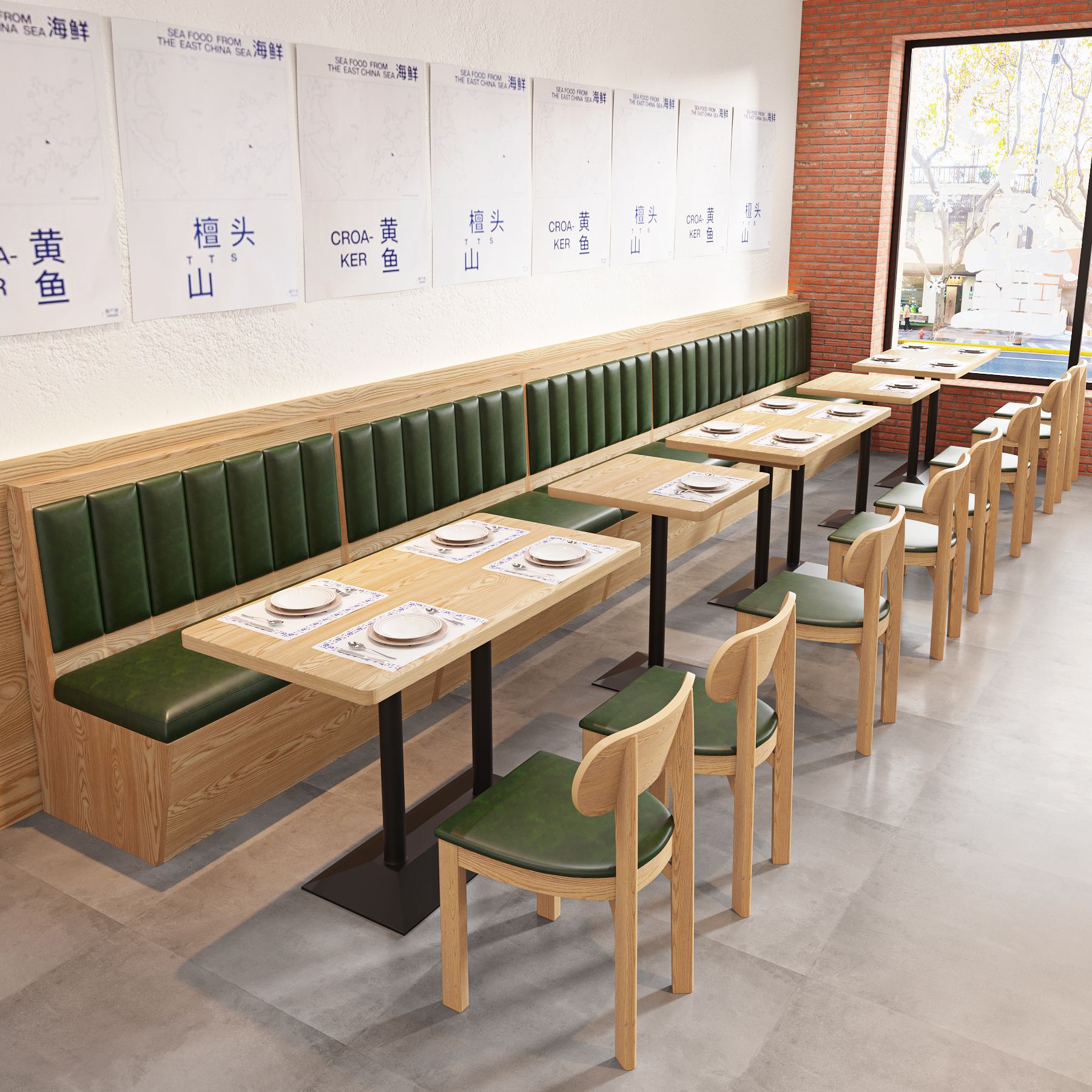 餐饮店靠墙实木卡座桌椅