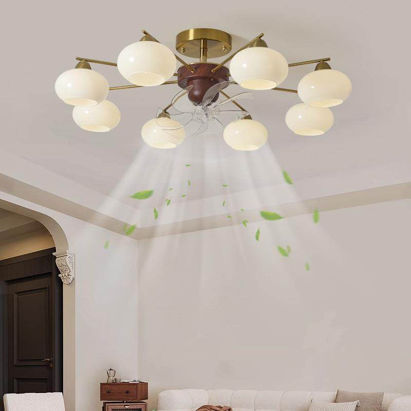 中古风柿子客厅吸顶摇头风扇灯新款复古法式奶油风卧室餐厅玻璃灯