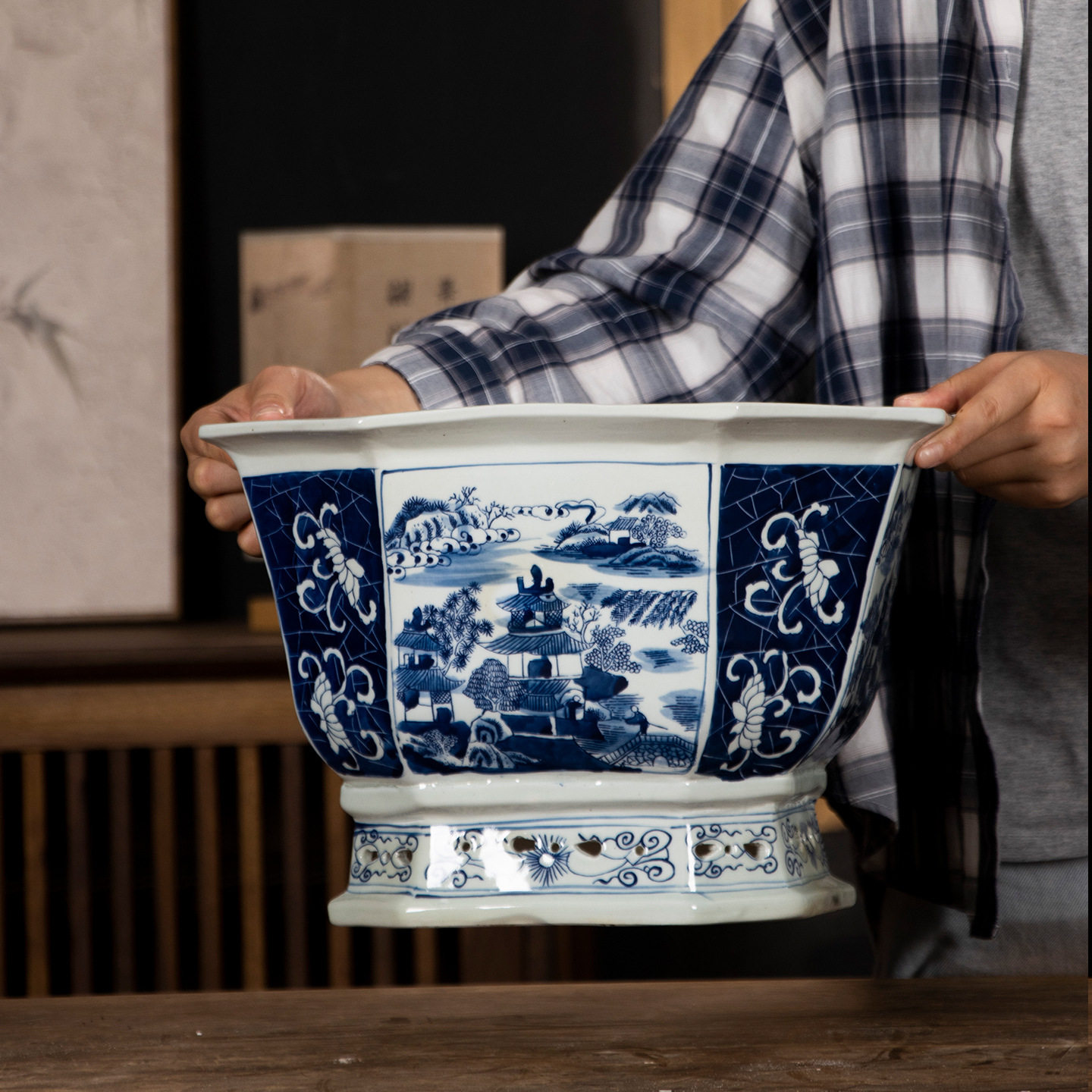 雨彤家居青花瓷花盆蝴蝶兰陶瓷花盆仿古中式家居客厅装饰品大花盆