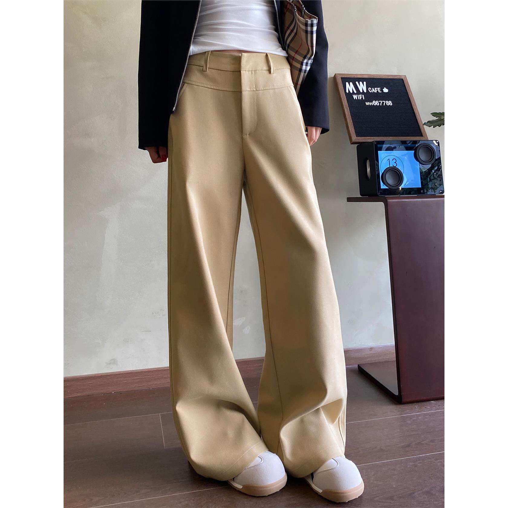 卡其色阔腿裤女2025春秋季新款高腰垂感窄版显瘦西装裤休闲直筒裤