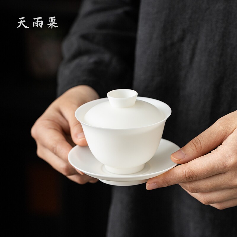 素烧超薄胎羊脂玉瓷三才盖碗