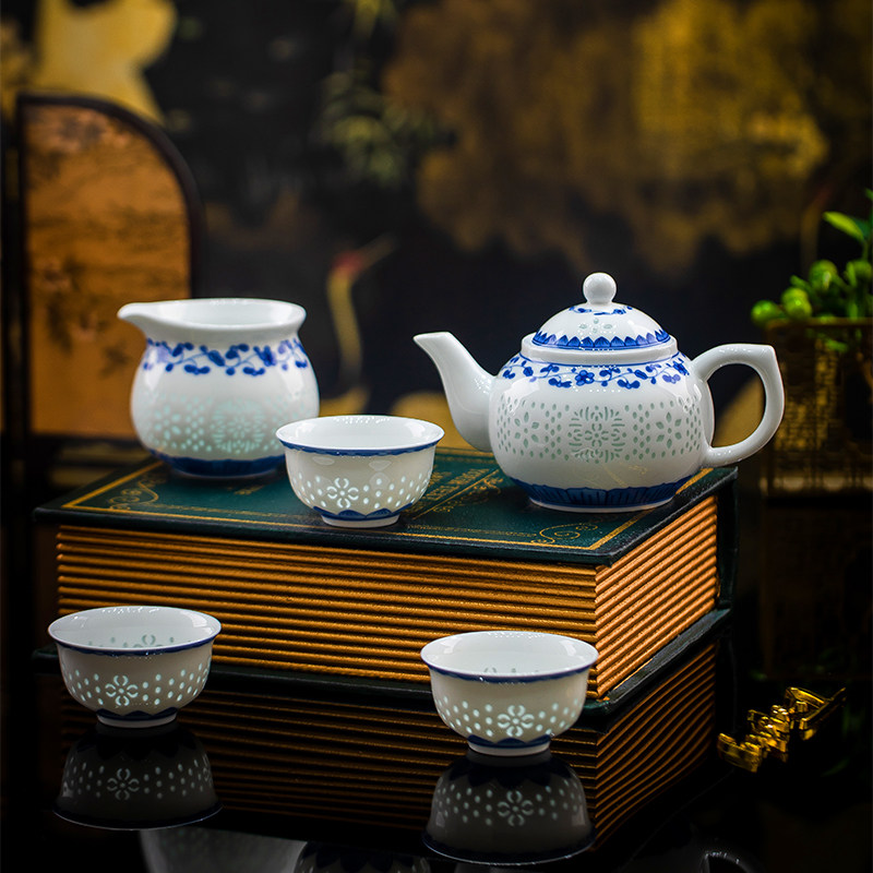 卡雷曼青花玲珑瓷茶具套装