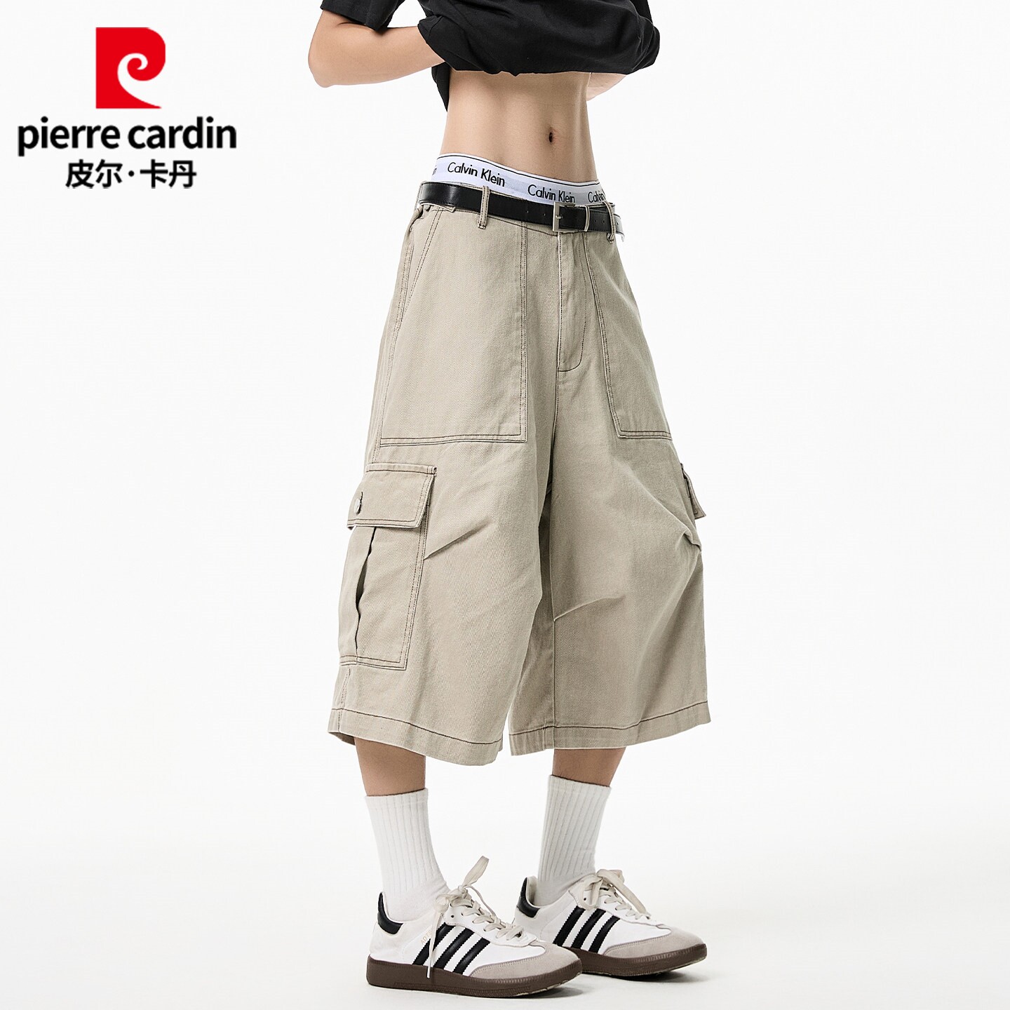 皮尔卡丹美式多口袋直筒工装七分裤男士夏季新款宽松休闲运动短裤