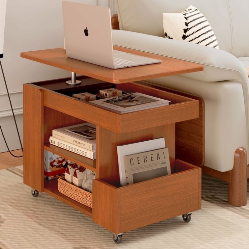实木可移动边几巴士升降茶几家用客厅沙发边柜子中古风小推车简易