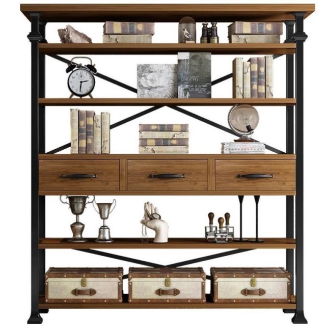 美式实木书架法式复古书柜客厅落地多层铁艺展示置物架工业风书架