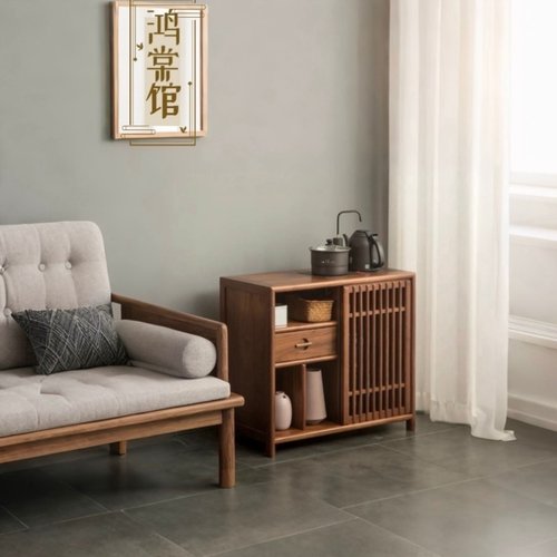 新中式茶水柜实木茶桌家用客厅阳台茶室带轮办公室饮水榆木茶台柜