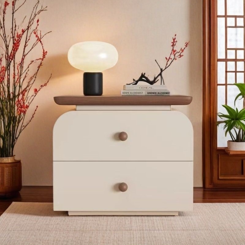 实木床头柜中古奶油风简约现代卧室储物柜奶油风床边柜边柜床头柜