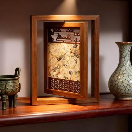 中式实木桌面摆件装饰画葫芦图案古典家居工艺品花鸟书房茶室摆台