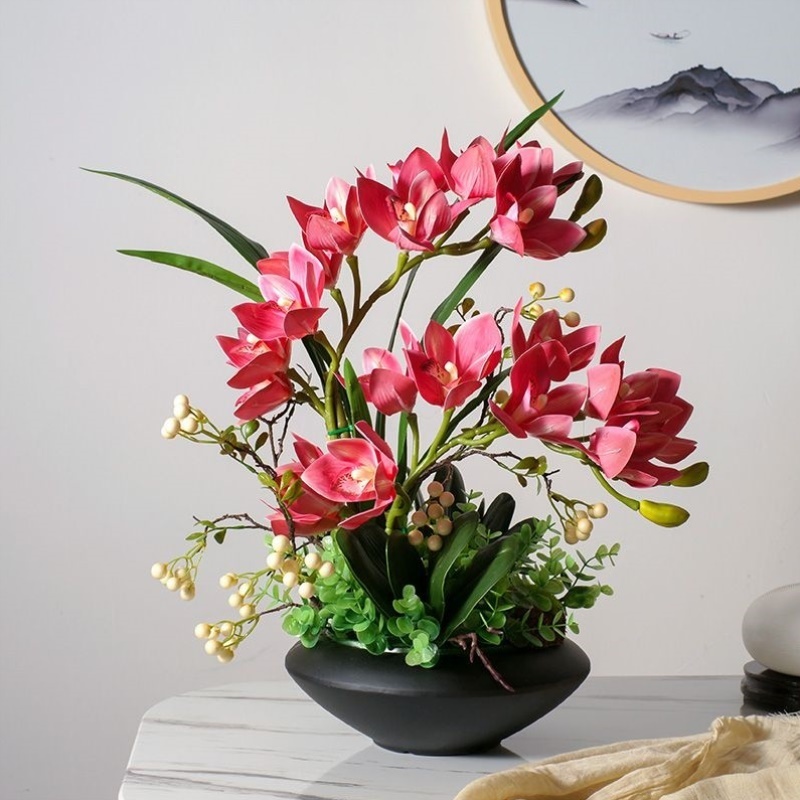 中式轻奢蕙兰仿真花盆栽高档客厅摆放花装饰花仿真花盆栽套装