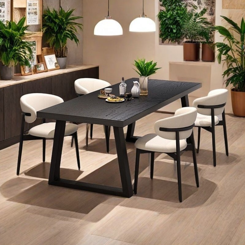 宅寂风碳化黑色实木餐桌办公桌简约饭桌现代家用长方形餐桌椅组合