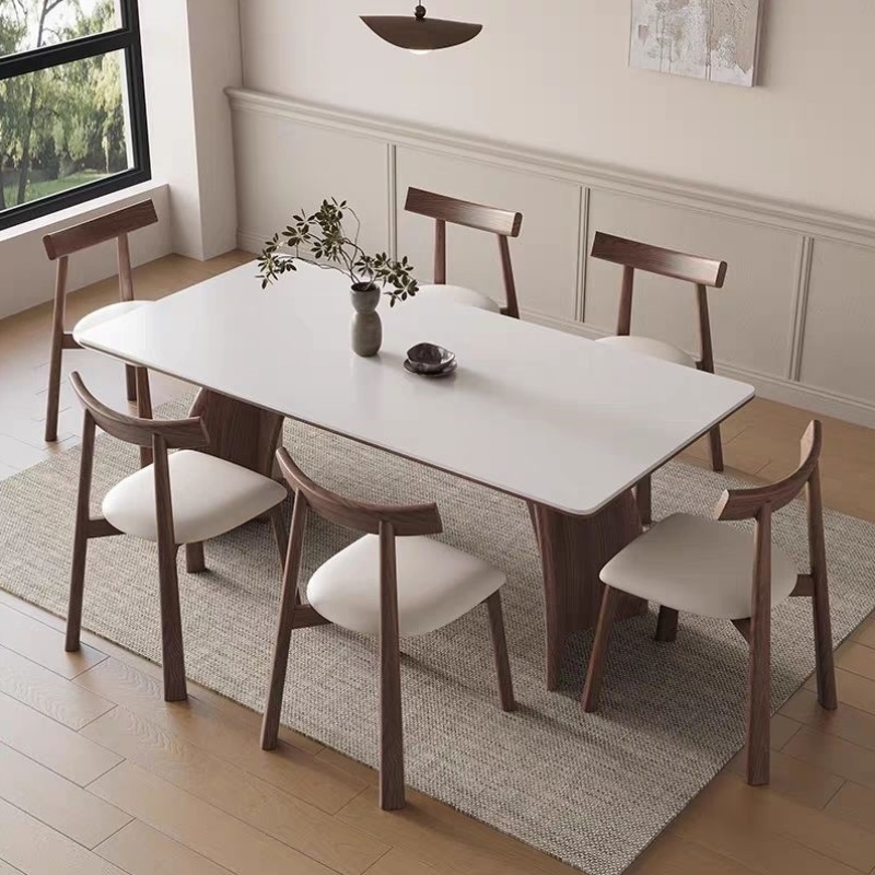 中古风白蜡木实木岩板餐桌椅组合家用简约小户型饭桌长方形饭桌子