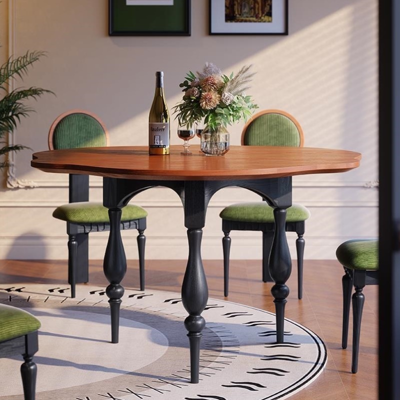 中古风实木餐桌椅组合法式复古风家用小户型花瓣圆桌客厅吃饭桌子