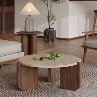 侘寂风实木洞石茶几极简小茶台小户型客厅家用圆形阳台大理石矮桌