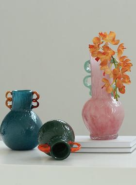 轻奢风双耳磁粉手工双色花纹大肚瓶餐桌玄关软装台面装饰彩色花瓶