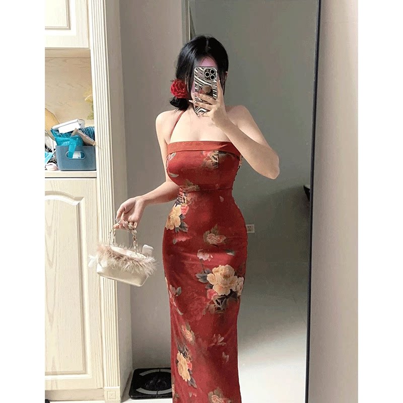 新中式女装红色改良旗袍高级感显瘦气质国风提花缎面吊带连衣裙夏