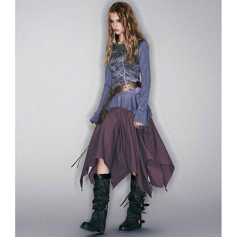 小众设计个性废土风碎摆纽扣装饰印花上衣高层次紫色半裙套装