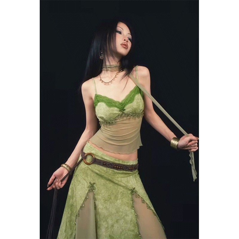 NUTO 绿色扎染提花时尚辣妹吊带设计感独特修身显瘦半身裙两件套图片