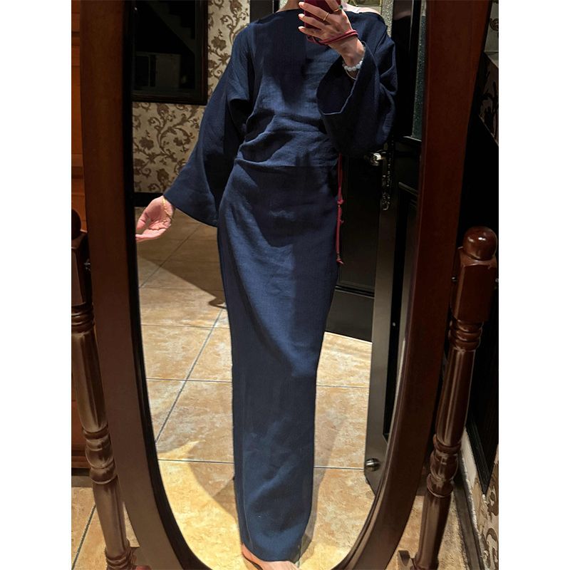藏青色长袖改良旗袍神婆