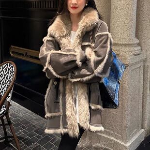 2024秋冬新款毛领毛毛外套女宽松显瘦加绒加厚皮毛一体羊羔绒大衣