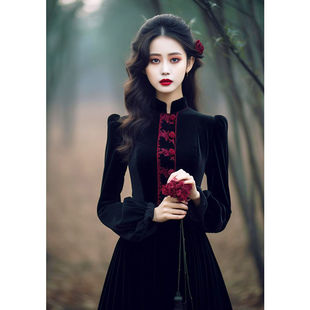 加绒加厚新中式国风黑色丝绒连衣裙女秋冬礼服高级感绝美气质长裙