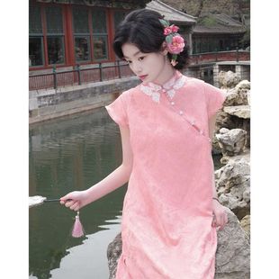 新中式国风改良粉色宽松旗袍女2025夏季日常可穿高级感气质连衣裙