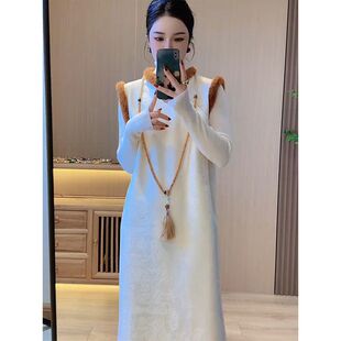 加绒加厚新中式国风改良旗袍马甲连衣裙女秋冬打底衫裙子两件套