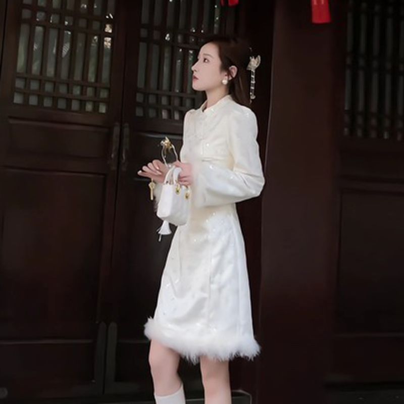 加绒加厚早秋白色流苏边