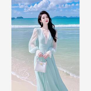 度假风法式收腰薄荷绿雪纺连衣裙女2025早春新款超仙女气质长裙子