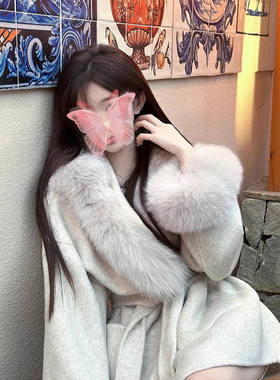 仿狐狸毛领毛呢大衣女冬