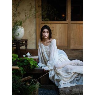 法式复古孕妇白色连衣裙女气质禅意慵懒风仙女长裙新款