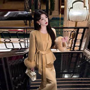 秋冬套装富家千金高级感毛呢外套背心连衣裙子气质名媛高端两件套